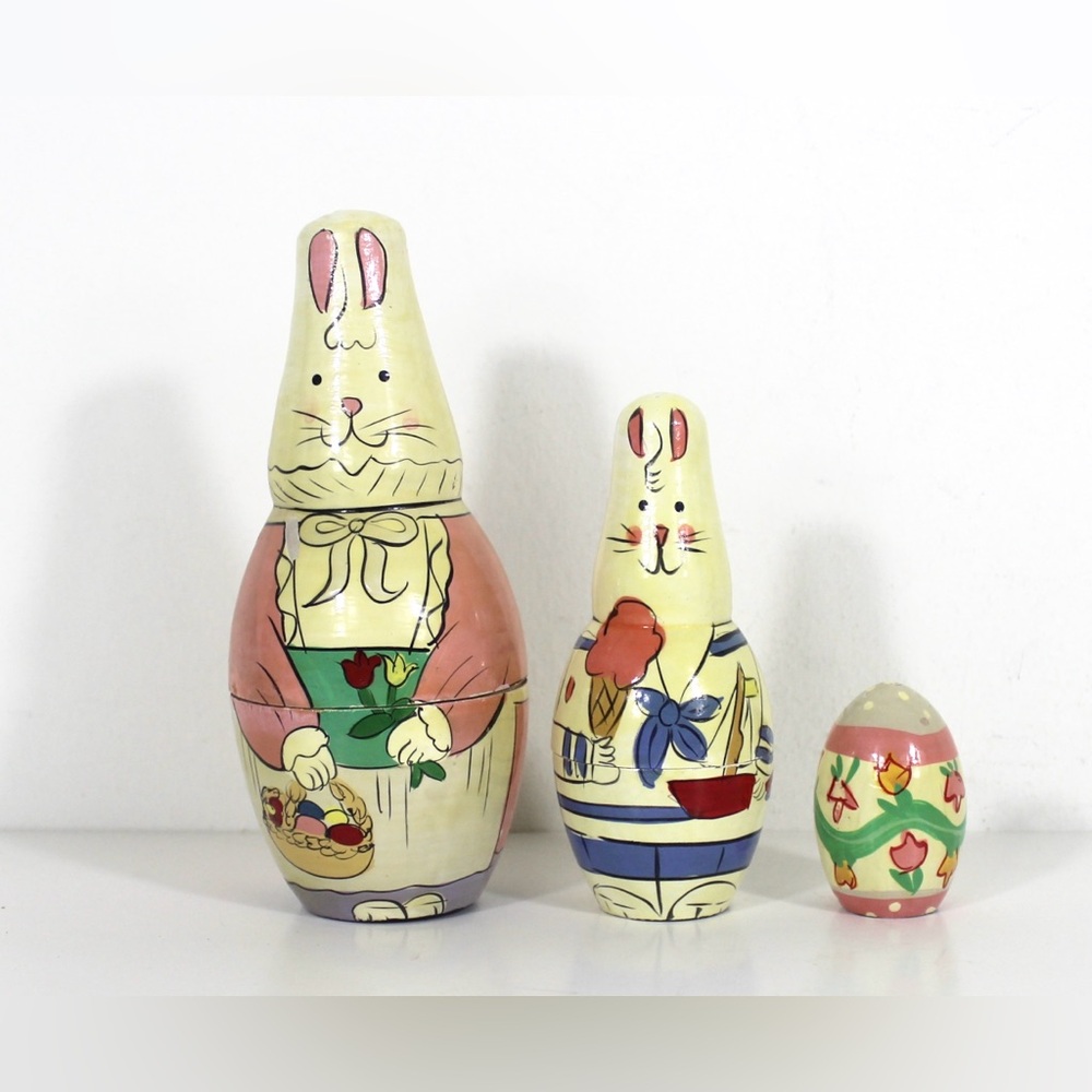 Vintage Easter Bunny Rabbit and Egg Stacking Dolls Hand Painted Wood